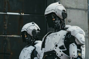 Fototapeta premium Humanoid Robot Interaction - Humanoid robots poised for interaction in a high-tech facility, signifying the rise of automation