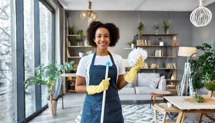 cleaner lady holding mop and smiling while working in modern apartment - obrazy, fototapety, plakaty