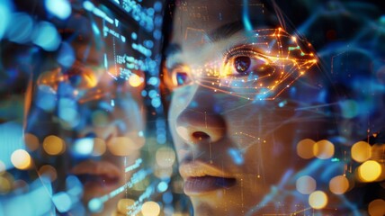 Visionary Technology Interface - A close-up of a woman's face with digital interface elements, symbolizing the integration of advanced technology with human senses.