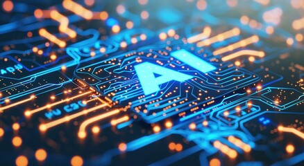 The image created is a detailed close-up view of an electronic circuit board., AI Brain Technology Circuitry - High-Tech Neural Network Concept., AI, Brain, Technology and High-Tech Concept.