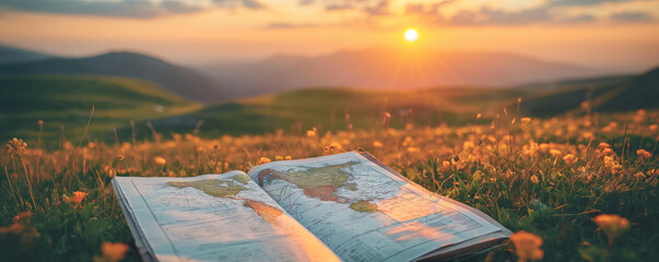 Open Map on Mountain Meadow at Sunset.
Traveler's map open on a grassy mountain field during a tranquil sunset. - obrazy, fototapety, plakaty