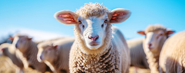 Curious Sheep Looking at Camera in Pasture.
Portrait of a friendly sheep in a flock grazing in a sunny pasture.