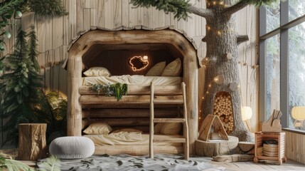 a natural wood log hut-shaped bunk bed with stairs, nestled in a cozy cabin setting, evoking the essence of rustic charm and adventure.