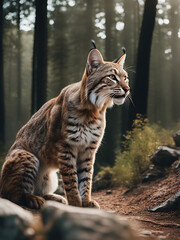 Fototapeta premium Bobcat, Eurasian lynx walking through forest. Endangered species. Majestic wildlife. 