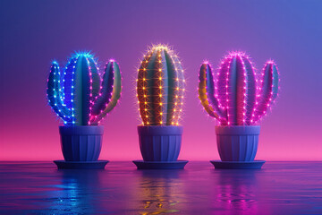 cactus, neon cactus, cyberpunk cactus, cactus in the desert, Vibrant desert cacti illuminated in a neon glow, cactus in the dark