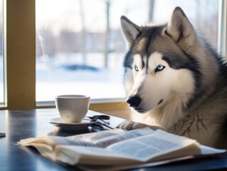 huskey reading book at the breakfast table
