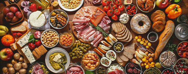 festive table filled with different types of meat, vegetables, spaghetti greens, top view