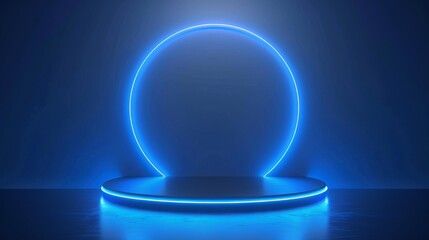 3d neon podium on a blue background. Glowing stage in an empty studio room. Minimalistic template for technology, awards and games design.