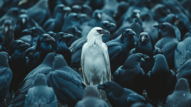 white crow among a flock of black crows. concept of individuality and special skills among others.