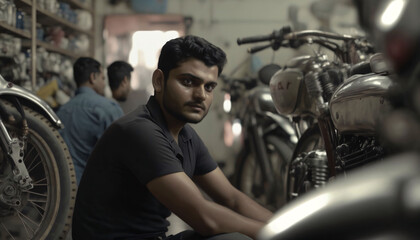 Fototapeta na wymiar An Indian man in a motorcycle factory. World Men's Day.