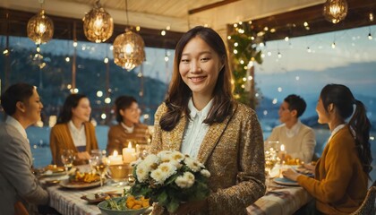 A young woman warmly welcomes guests to her dinner party