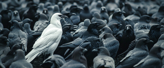 white crow among a flock of black crows. concept of individuality and special skills among others.