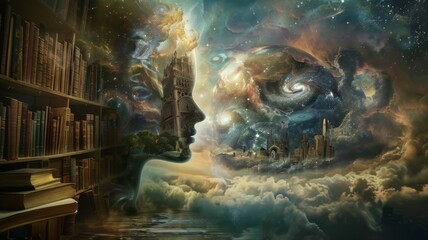 Cosmic Library Dreamscape - A dreamy library scene with books that bridge into a cosmic galaxy, symbolizing the limitless knowledge and adventure found in reading.