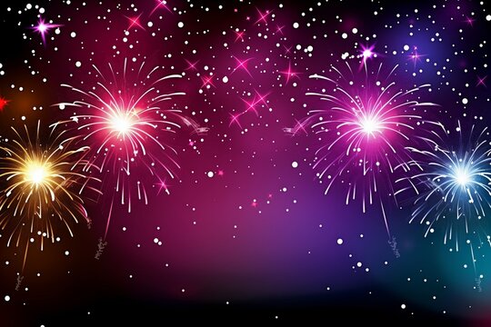 Fireworks on a black background with stars, in the style of simple, colorful illustrations, free brushwork, aurorapunk, bright backgrounds, dark bokeh background, vibrant stage backdrops, uhd image.
