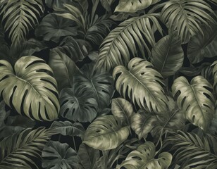 a wallpaper with black and neutral leaves on it, in the style of green and gray