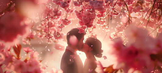 Underneath a canopy of cherry blossoms in full bloom, a couple shares a tender kiss surrounded by the delicate petals raining down around them - obrazy, fototapety, plakaty