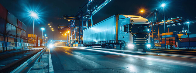 Logistics company truck transports cargo from the seaport - obrazy, fototapety, plakaty
