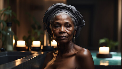 Black elderly woman at the spa. Woman in a bathtub with candles