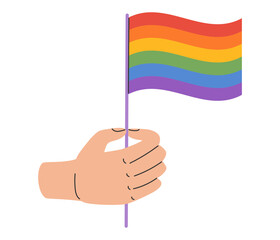 Hand holding rainbow LGBT flag. LGBTQ pride community. Vector illustration in hand drawn style 