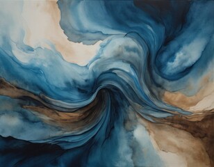 abstract painting of blues, grays, and tans, in the style of flowing fabrics, atmospheric watercolours, dark sky-blue and brown, ephemeral installations, swirling vortexes, realistic watercolors, smok