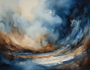 abstract painting of blues, grays, and tans, in the style of flowing fabrics, atmospheric watercolours, dark sky-blue and brown, ephemeral installations, swirling vortexes, realistic watercolors, smok
