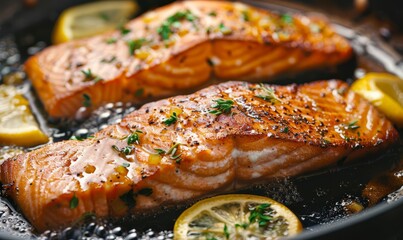 Close-up of salmon fillets sizzling in a frying pan with slices of lemon and fresh herbs, creating an appetizing and flavorful cooking scene - obrazy, fototapety, plakaty