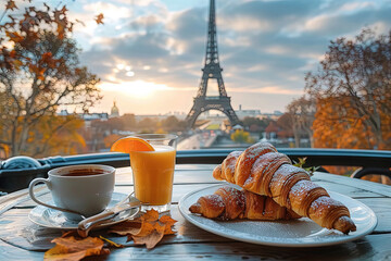 desayuno parisino en una terraza en París - obrazy, fototapety, plakaty