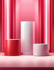 Collection of 3D podiums for Valentine's Day background featuring pink, red, and white cylindrical pedestals. Radiant neon heart-shaped backdrop. Geometric vector platforms for mockup product display.