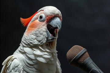 Funny cockatoo parrot is singing song in microphone on concert at the stage. Banner with parrot...