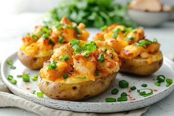 Three whole baked potatoes in jacket stuffed with chicken, green onions and cheddar cheese on plate on white background - obrazy, fototapety, plakaty
