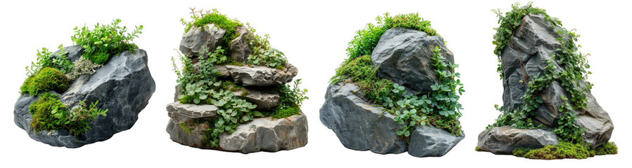 Collection of stones with plants and moss on a transparent or white background - obrazy, fototapety, plakaty