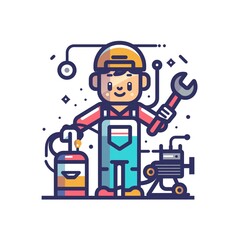 А cartoon mechanic with a wrench and oil can, vector flat icon illustration.