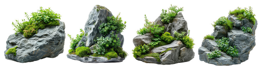 Collection of stones with plants and moss on a transparent or white background