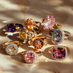 A collection of sparkling cocktail rings showca