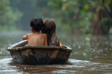 dos indígenas navegando en una pequeña barca de madera en la selva del amazonas - obrazy, fototapety, plakaty