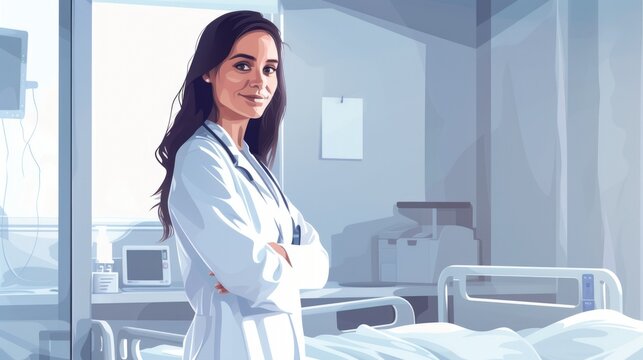 In the image, there's a woman with dark hair wearing a white lab coat, portraying a sense of professionalism and confidence. She is standing with her arms crossed in a modern hospital room, which cont