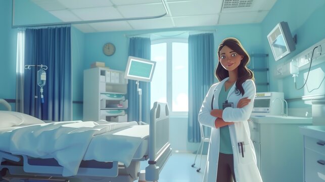 The image portrays a female healthcare professional with shoulder-length hair, dressed in a white lab coat with a stethoscope around her neck, standing with arms crossed in a bright and modern hospita