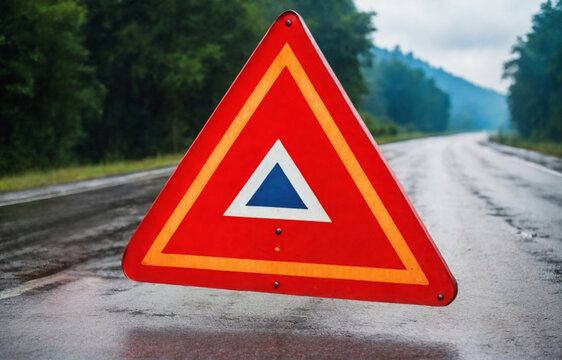 sign of danger, red triangle on the road, close up of a red emergency triangle on the road in front of a car after an accident, Car broke down on the road. Broken car accident sign on a road concept