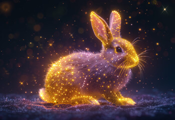 Easter bunny in shining neon lights and stars. Sparkling rabbit with shiny particles and stellar cosmic dust among the shimmering highlights. Futuristic techno style