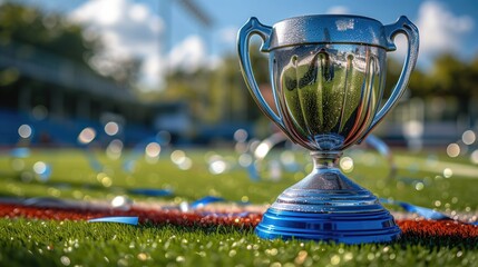 Trophy on Sports Field: A winner trophy is positioned on the sidelines of a sports field or arena, capturing the excitement and intensity of competition in the athletic world 