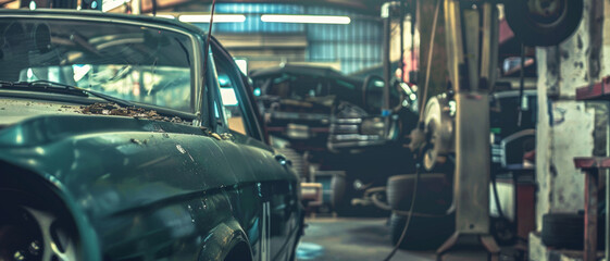 Vintage stories: An old car awaits restoration in a nostalgic garage setting