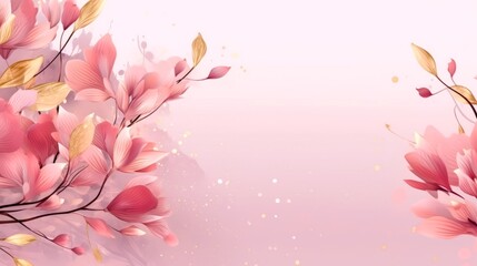Pastel pink flowers with gold leaves and sparkles. Abstract watercolor background. Copy space. Concept of floral elegance, spring bloom art, romantic decor, minimalist design.