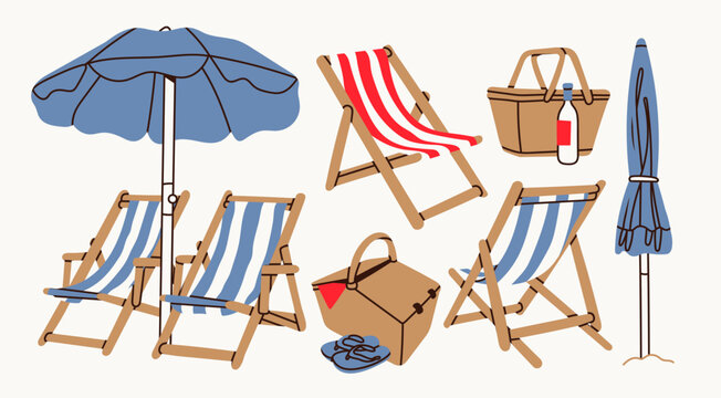 Summer beach set. Beach chairs, wooden deck chair, sun umbrella, picnic basket, sunbed. Hand drawn Vector illustration. Trendy unique style. Isolated design elements. Vacation, relax, holiday concept