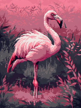 Illustration of flamingo poster in pixel style