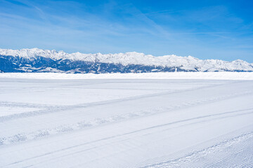 Winter landscape with snow covered Dolomites in Kronplatz, Italy