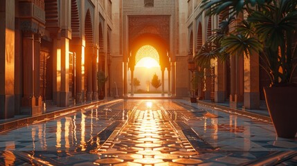 Peaceful atmosphere of a mosque courtyard at sunset, with soft lighting and geometric Arabic...