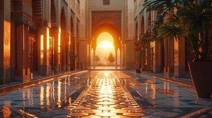 Papier Peint photo autocollant Vieil immeuble Peaceful atmosphere of a mosque courtyard at sunset, with soft lighting and geometric Arabic patterns adding to the ambiance during Ramadan