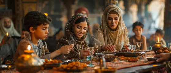 Fotobehang Family gathered around a beautifully decorated table, breaking their fast with dates and refreshing glasses of water as they observe Ramadan © Andrii