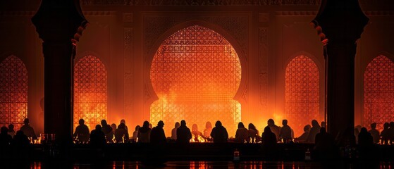Worshippers performing Taraweeh prayers at the mosque, their silhouettes against the illuminated mihrab, exemplifying the spiritual significance of Ramadan - obrazy, fototapety, plakaty
