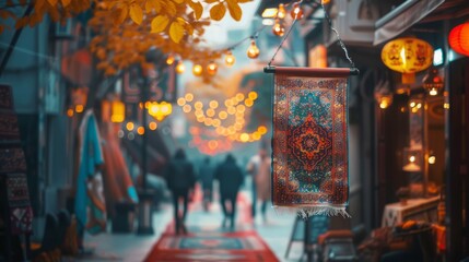 Eid Mubarak banner hanging in a city square, signaling the joyous end of Ramadan and the beginning of the Eid celebrations - obrazy, fototapety, plakaty